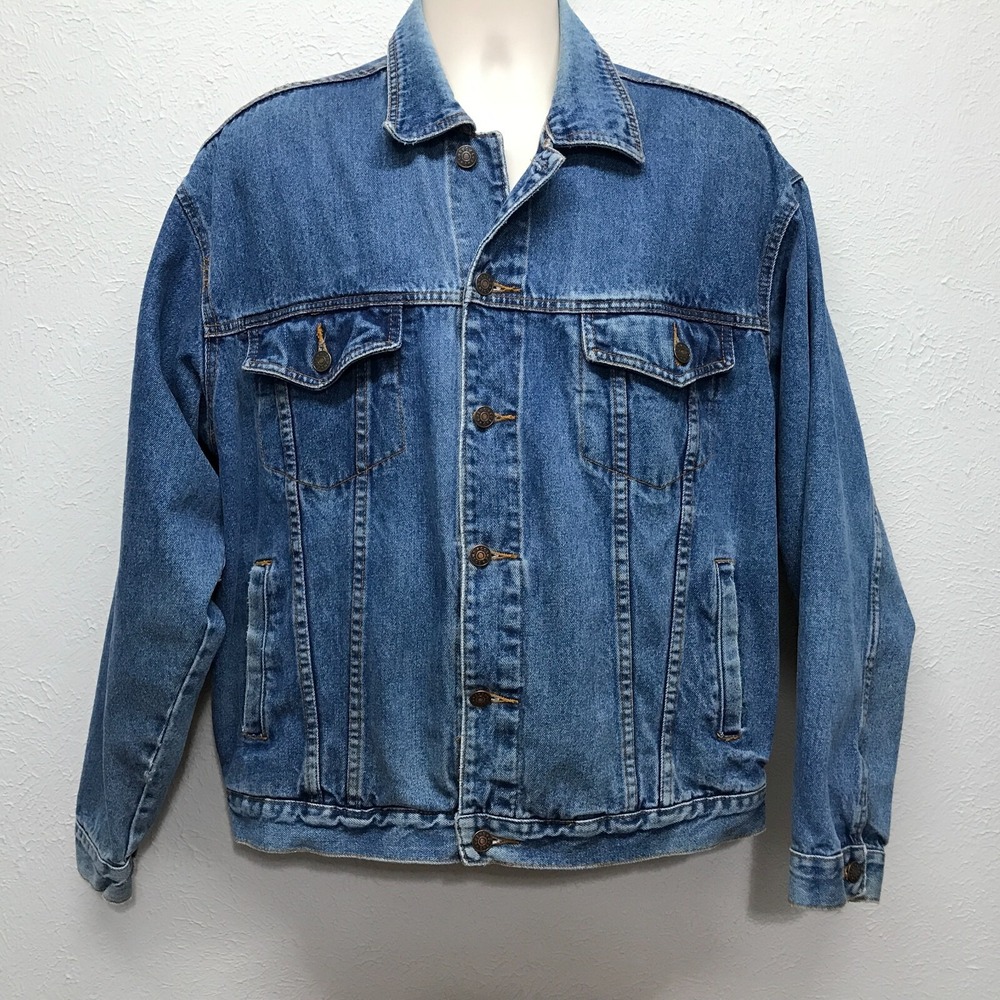 Cosmo Trucker Jacket‎ Mens L Blue Jean Denim Cotton Casual Distressed